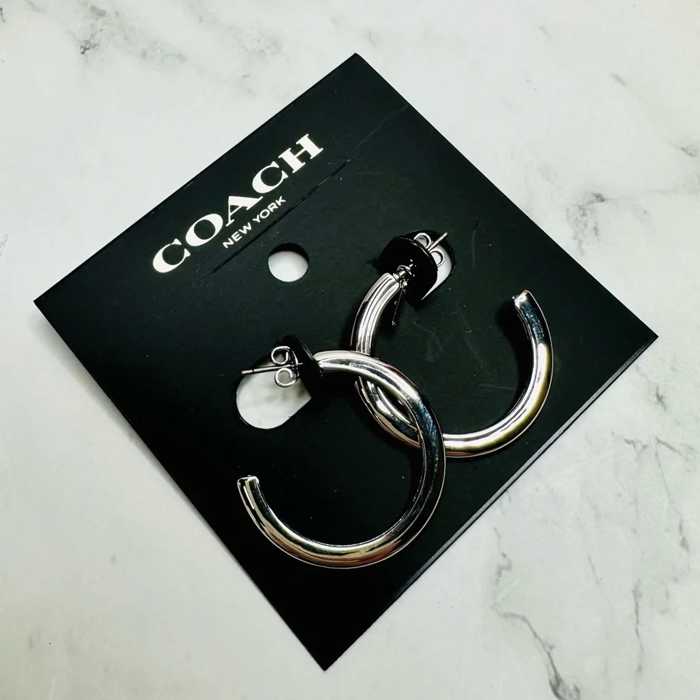 NEW! Coach Silver Colored Medium Signature Hoop Earrings - Picture 5 of 15
